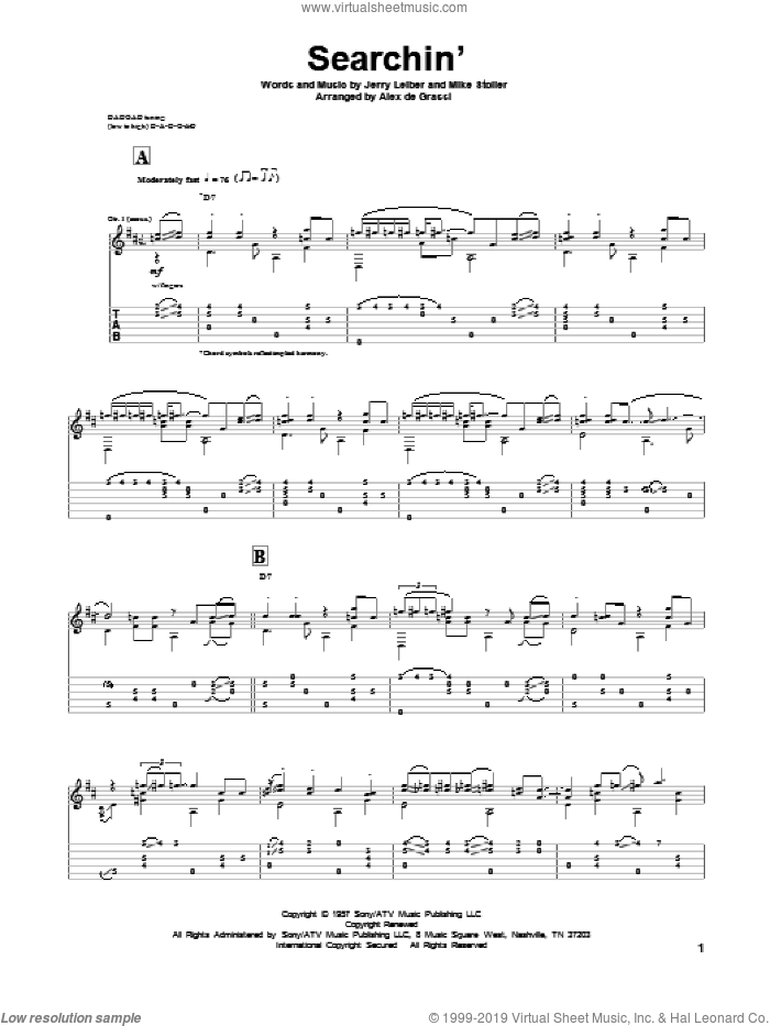 Searchin' sheet music for guitar solo by Leiber & Stoller, The Coasters, Jerry Leiber and Mike Stoller, intermediate skill level