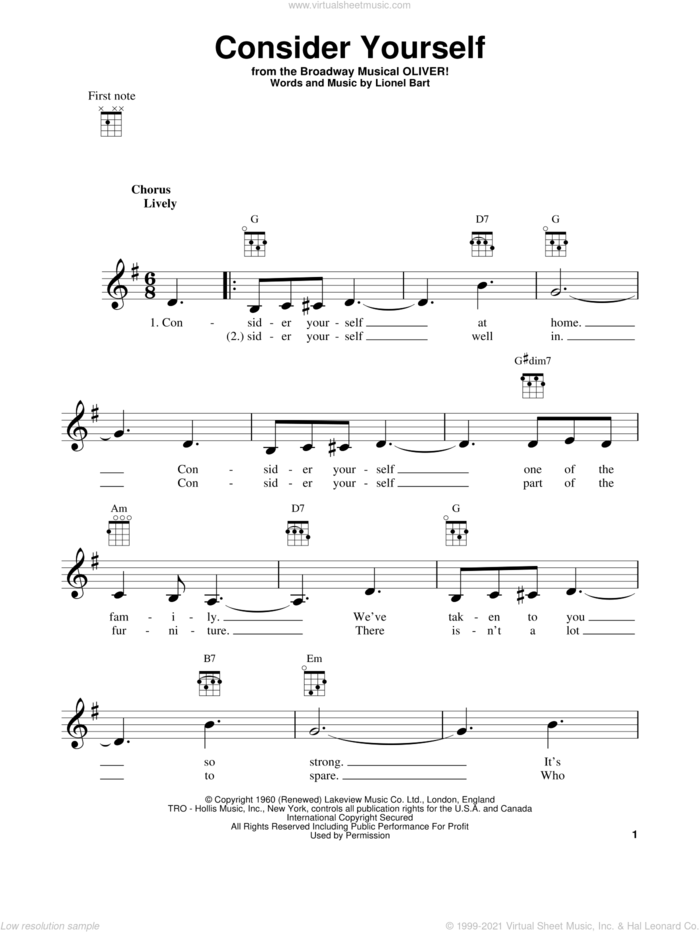 Consider Yourself sheet music for ukulele by Lionel Bart and Oliver! (Musical), intermediate skill level