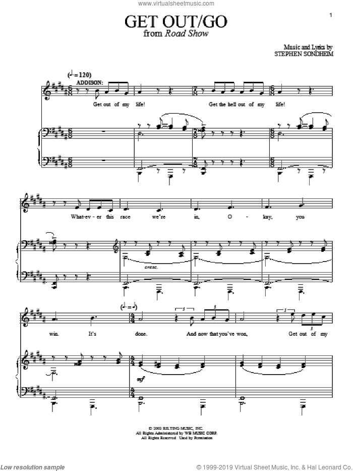 Get Out / Go sheet music for voice and piano by Stephen Sondheim and Road Show (Musical), intermediate skill level