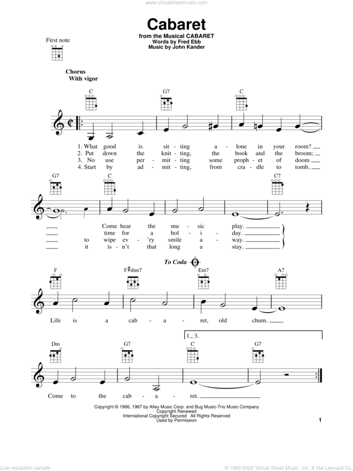 Cabaret sheet music for ukulele by Kander & Ebb, Cabaret (Musical), Fred Ebb and John Kander, intermediate skill level