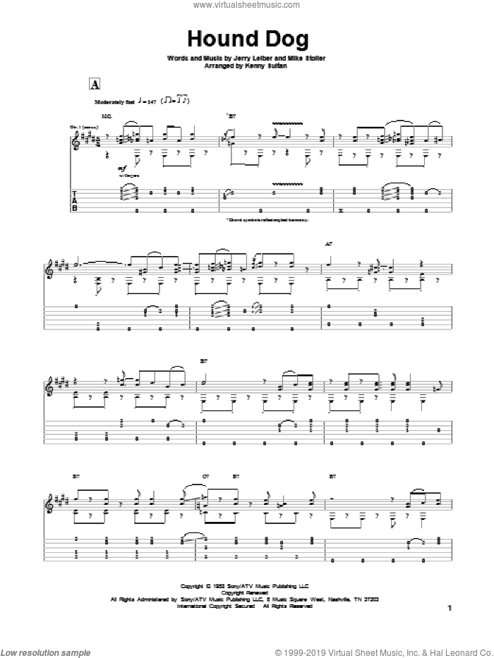 Hound Dog sheet music for guitar solo by Leiber & Stoller, Elvis Presley, Jerry Leiber and Mike Stoller, intermediate skill level