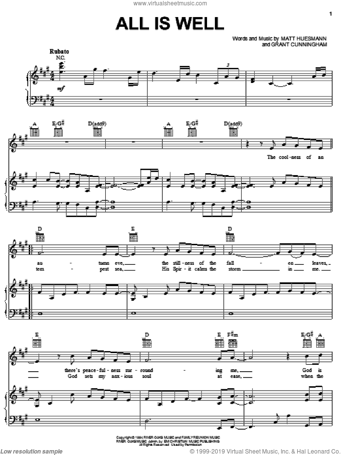 All Is Well sheet music for voice, piano or guitar by Steve Green, Grant Cunningham and Matt Heusmann, intermediate skill level