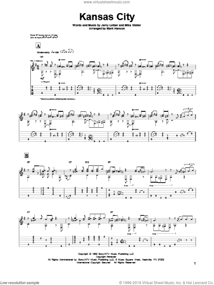 Kansas City sheet music for guitar solo by Leiber & Stoller, Wilbert Harrison, Jerry Leiber and Mike Stoller, intermediate skill level
