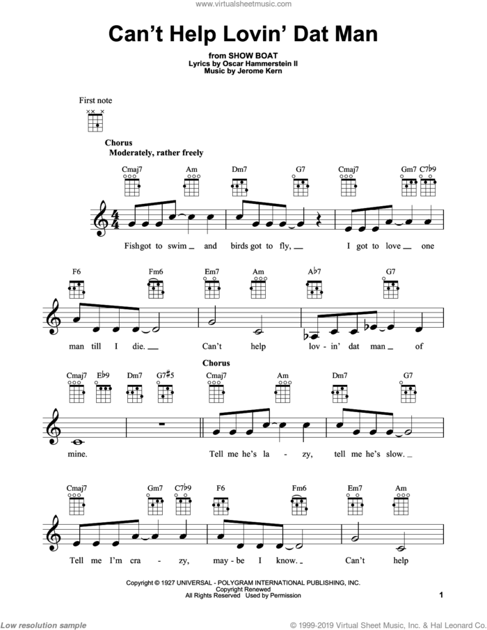 Can't Help Lovin' Dat Man sheet music for ukulele by Jerome Kern, Show Boat (Musical) and Oscar II Hammerstein, intermediate skill level