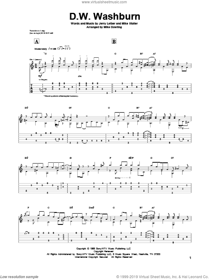 D.W. Washburn sheet music for guitar solo by Leiber & Stoller, The Monkees, Jerry Leiber and Mike Stoller, intermediate skill level