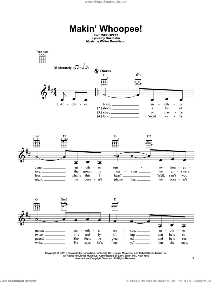 Makin' Whoopee! sheet music for ukulele by John Hicks, Come Fly Away (Musical), Gus Kahn and Walter Donaldson, intermediate skill level