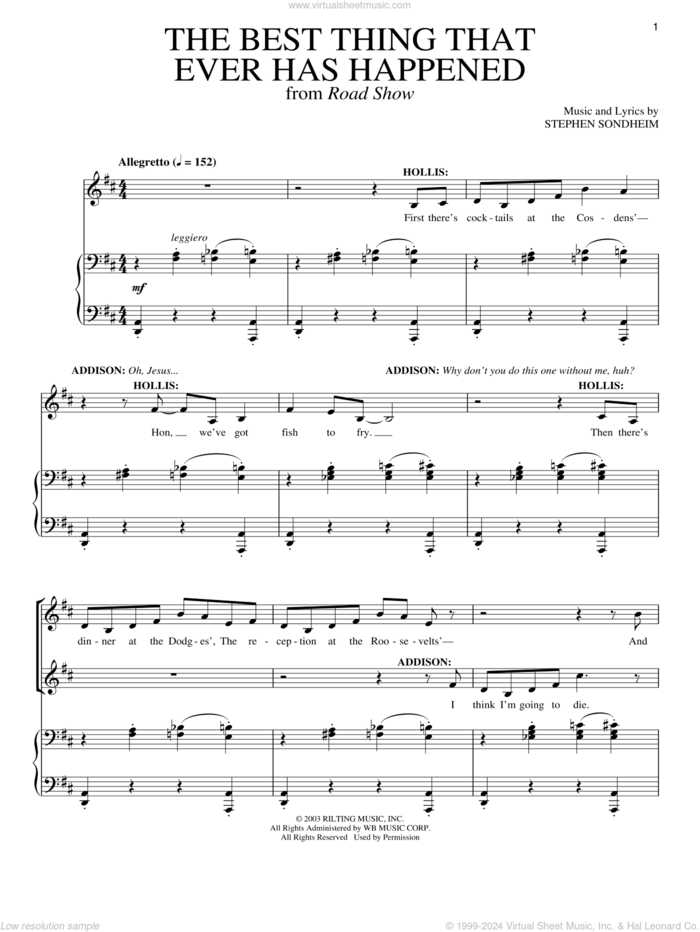 The Best Thing That Ever Has Happened sheet music for voice and piano by Stephen Sondheim and Road Show (Musical), intermediate skill level