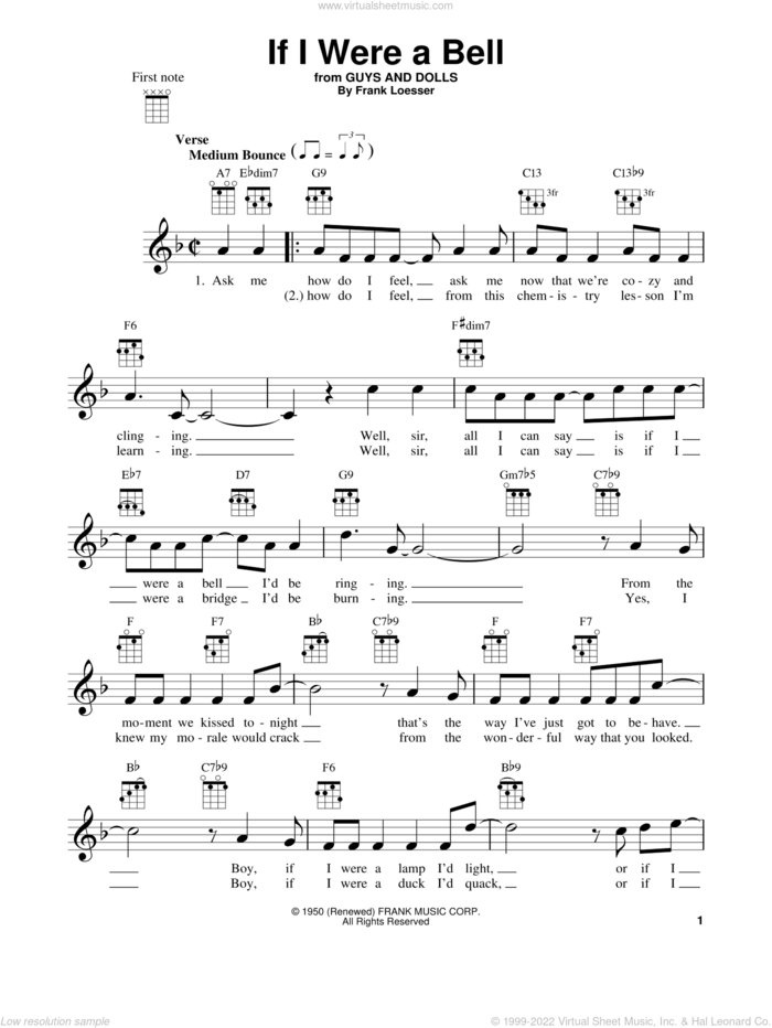 If I Were A Bell sheet music for ukulele by Frank Loesser and Guys And Dolls (Musical), intermediate skill level