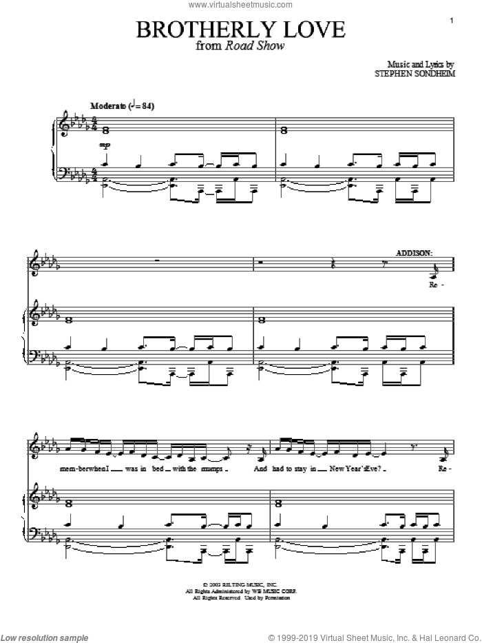 Brotherly Love sheet music for voice and piano by Stephen Sondheim and Road Show (Musical), intermediate skill level