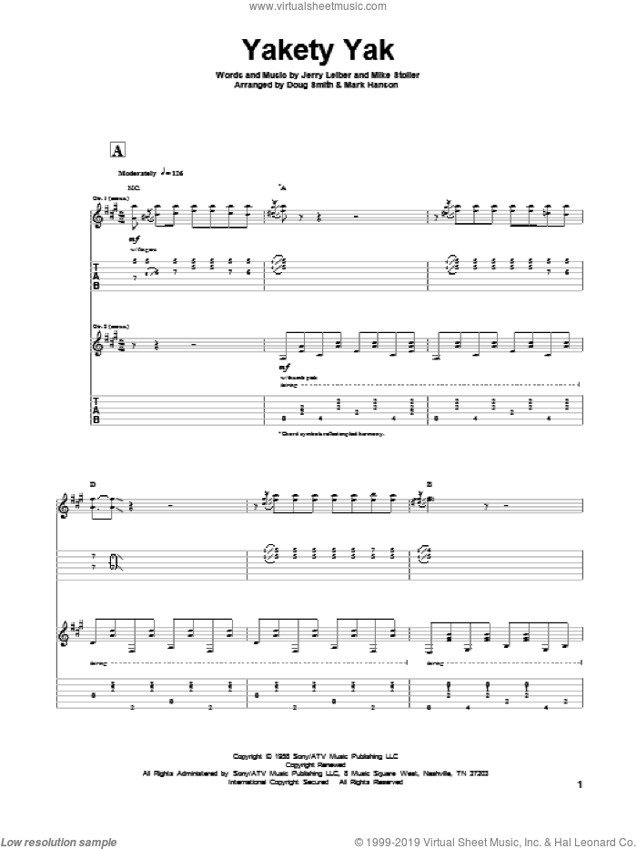 Yakety Yak sheet music for guitar solo by Leiber & Stoller, The Coasters, Jerry Leiber and Mike Stoller, intermediate skill level