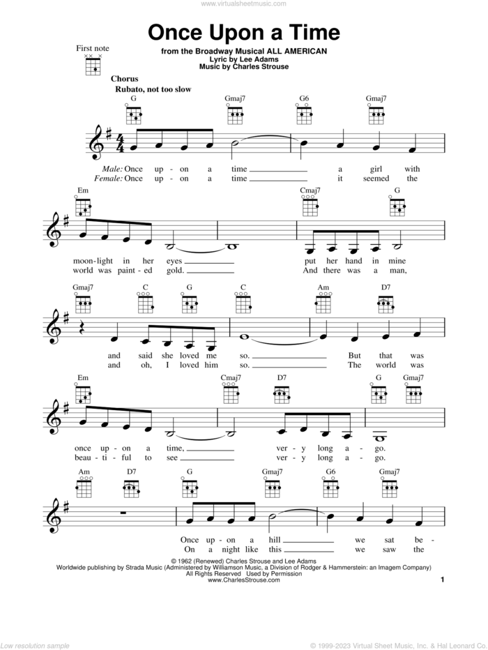Once Upon A Time sheet music for ukulele by Charles Strouse and Lee Adams, intermediate skill level
