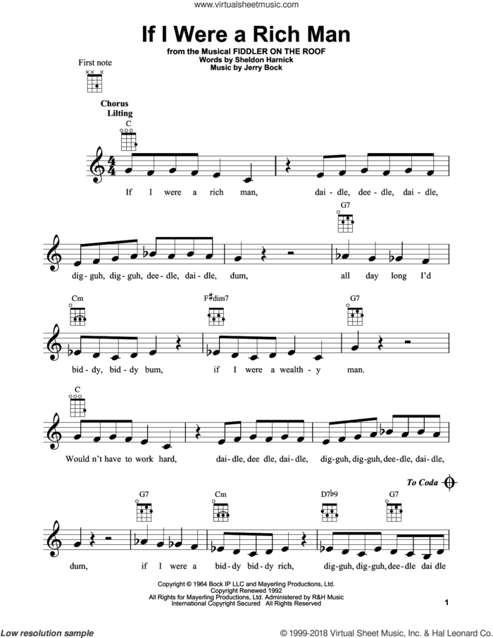 If I Were A Rich Man (from Fiddler On The Roof) sheet music for ukulele by Bock & Harnick, Fiddler On The Roof (Musical), Jerry Bock and Sheldon Harnick, intermediate skill level