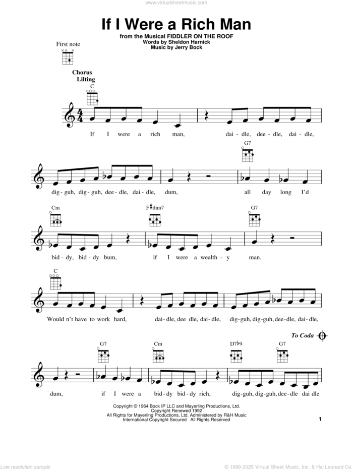 If I Were A Rich Man (from Fiddler On The Roof) sheet music for ukulele by Bock & Harnick, Fiddler On The Roof (Musical), Jerry Bock and Sheldon Harnick, intermediate skill level