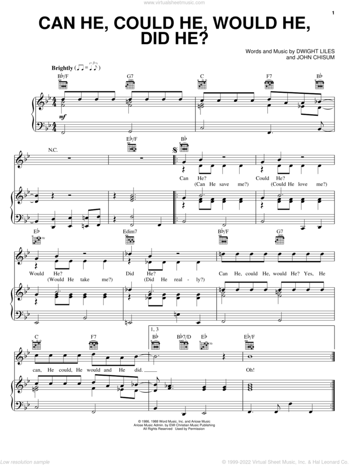 Can He, Could He, Would He, Did He? sheet music for voice, piano or guitar by The Cathedrals, Dwight Liles and John Chisum, intermediate skill level