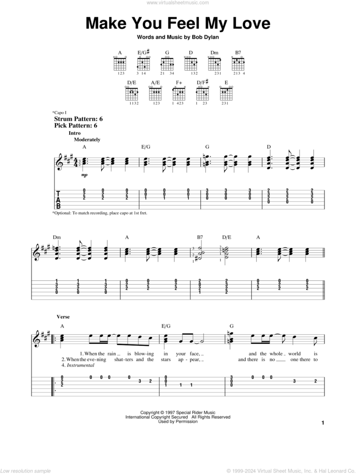 Make You Feel My Love sheet music for guitar solo (easy tablature) by Adele and Bob Dylan, intermediate guitar (easy tablature)