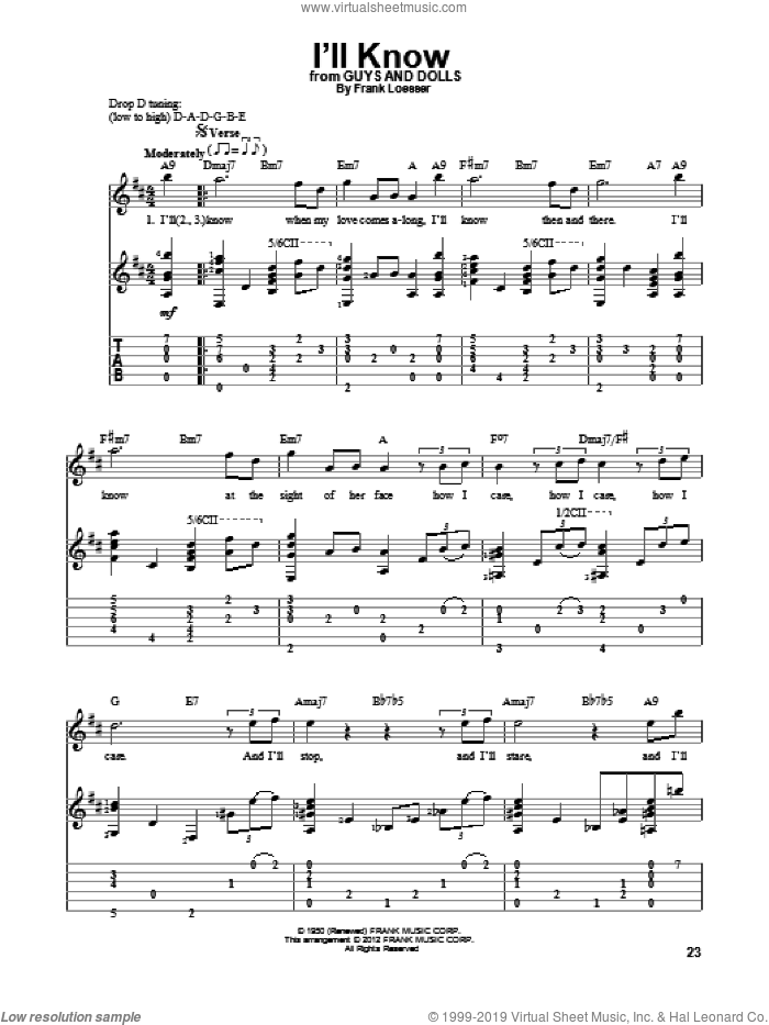 I'll Know sheet music for guitar solo by Frank Loesser and Guys And Dolls (Musical), intermediate skill level