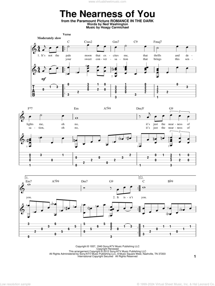 The Nearness Of You, (intermediate) sheet music for guitar solo by Hoagy Carmichael and Ned Washington, intermediate skill level