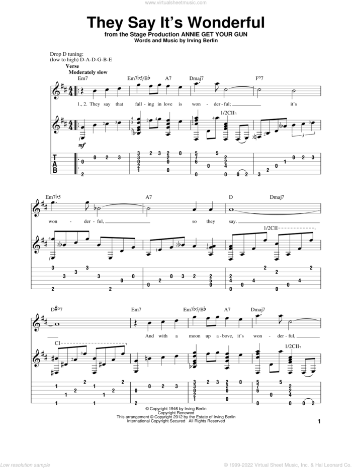 They Say It's Wonderful sheet music for guitar solo by Irving Berlin and Annie Get Your Gun (Musical), intermediate skill level
