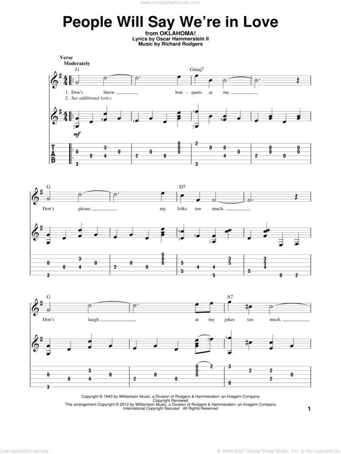 People Will Say We're In Love (from Oklahoma!) sheet music for guitar solo by Rodgers & Hammerstein, Oklahoma! (Musical), Oscar II Hammerstein and Richard Rodgers, intermediate skill level