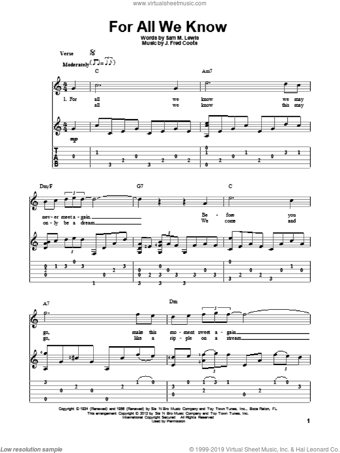 For All We Know sheet music for guitar solo by J. Fred Coots and Sam Lewis, intermediate skill level