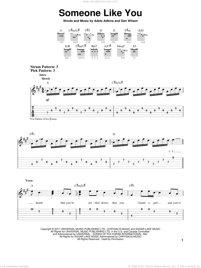 Someone Like You sheet music for guitar solo (easy tablature) by Adele, Adele Adkins and Dan Wilson, easy guitar (easy tablature)