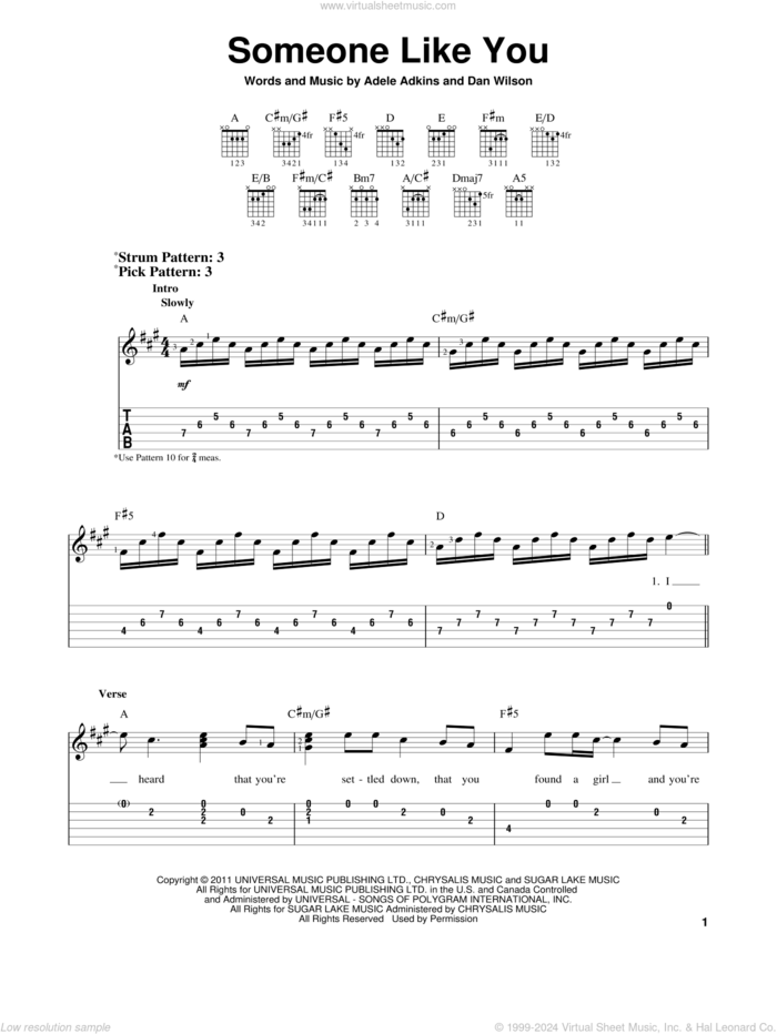 Someone Like You sheet music for guitar solo (easy tablature) by Adele, Adele Adkins and Dan Wilson, easy guitar (easy tablature)