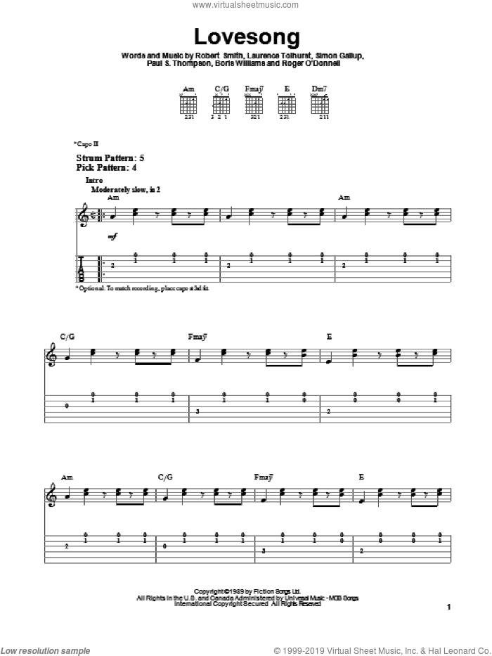 Lovesong sheet music for guitar solo (easy tablature) by Adele, Boris Williams, Laurence Tolhurst, Paul S. Thompson, Robert Smith and Simon Gallup, easy guitar (easy tablature)