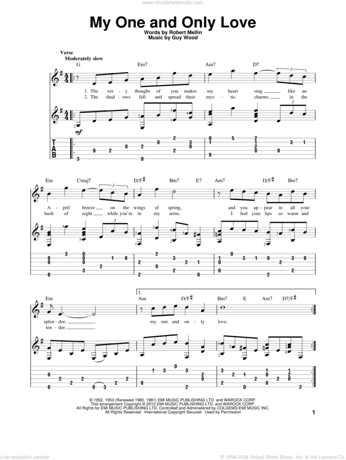 My One And Only Love sheet music for guitar solo by Guy Wood and Robert Mellin, classical score, intermediate skill level