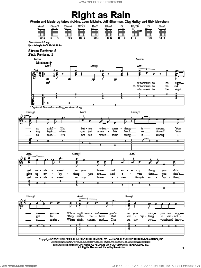 Right As Rain sheet music for guitar solo (easy tablature) by Adele, Adele Adkins, Clay Holley, Jeff Silverman, Leon Michels and Nick Movshon, easy guitar (easy tablature)