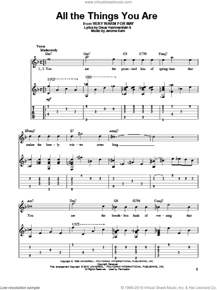 All The Things You Are sheet music for guitar solo by Jerome Kern and Oscar II Hammerstein, wedding score, intermediate skill level