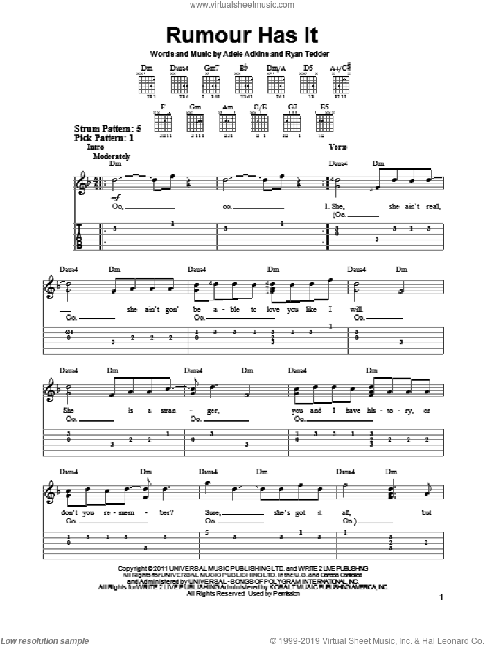 Rumour Has It sheet music for guitar solo (easy tablature) by Adele, Adele Adkins and Ryan Tedder, easy guitar (easy tablature)
