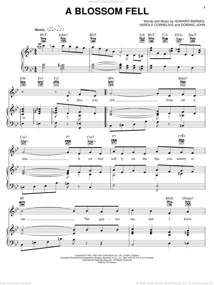 A Blossom Fell sheet music for voice, piano or guitar by Nat King Cole, Dominic John, Harold Cornelius and Howard Barnes, intermediate skill level