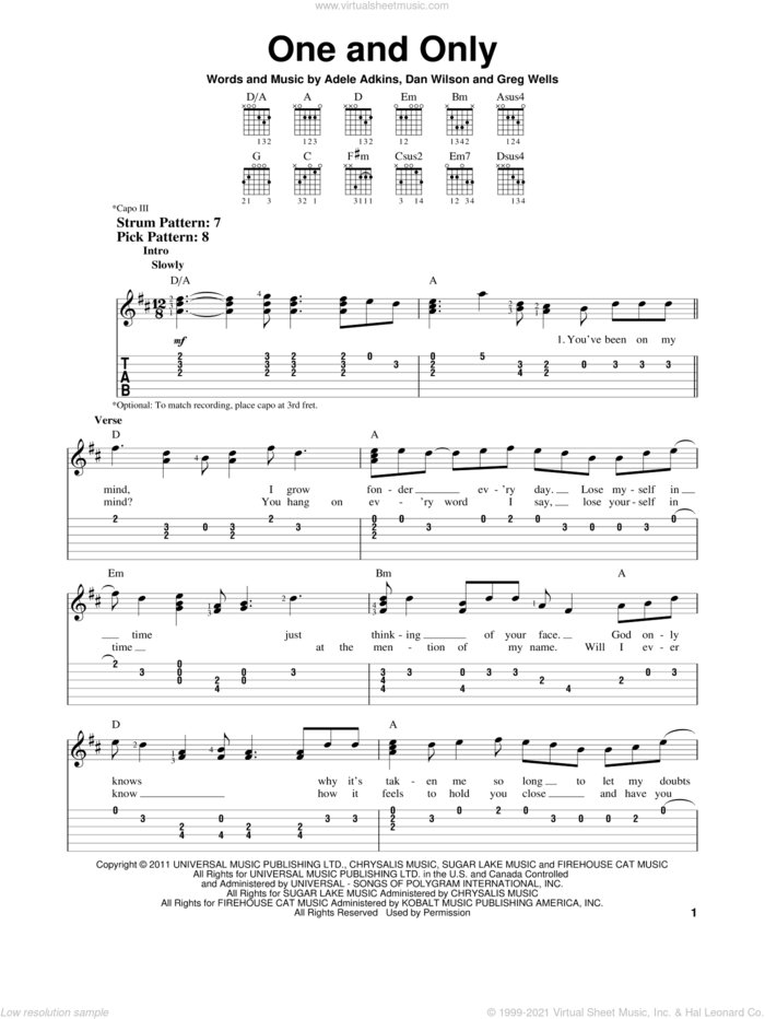 One And Only sheet music for guitar solo (easy tablature) by Adele, Adele Adkins, Dan Wilson and Greg Wells, easy guitar (easy tablature)