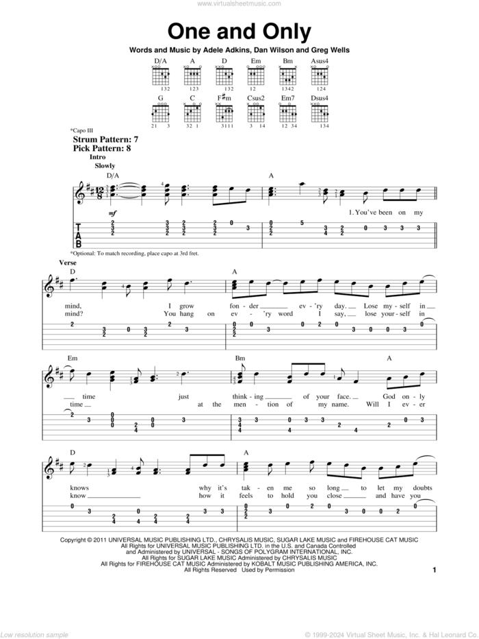 One And Only sheet music for guitar solo (easy tablature) by Adele, Adele Adkins, Dan Wilson and Greg Wells, easy guitar (easy tablature)