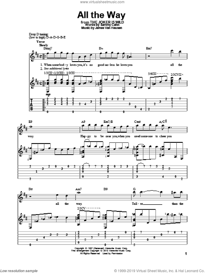 All The Way sheet music for guitar solo by Frank Sinatra, Jimmy van Heusen and Sammy Cahn, wedding score, intermediate skill level