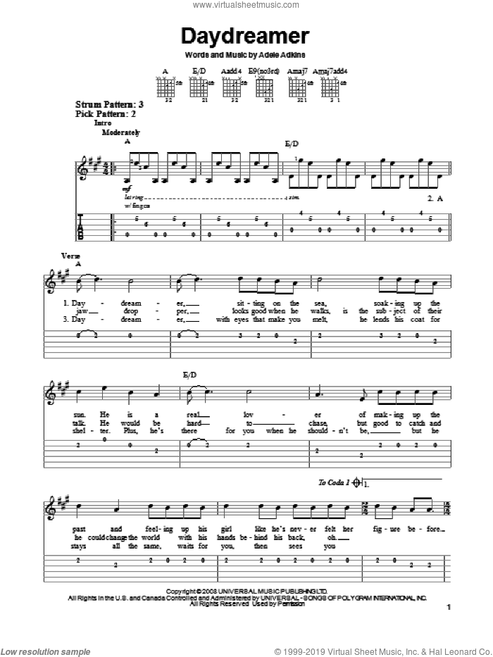 Daydreamer sheet music for guitar solo (easy tablature) by Adele and Adele Adkins, easy guitar (easy tablature)
