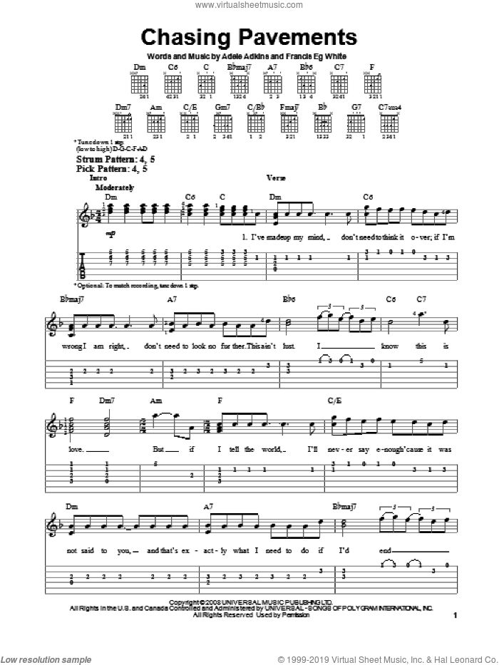 Chasing Pavements sheet music for guitar solo (easy tablature) by Adele, Adele Adkins and Francis White, easy guitar (easy tablature)