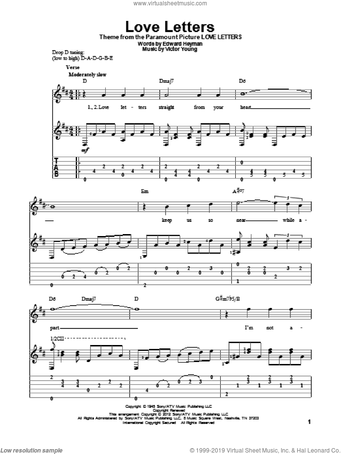 Love Letters sheet music for guitar solo by Edward Heyman and Victor Young, intermediate skill level