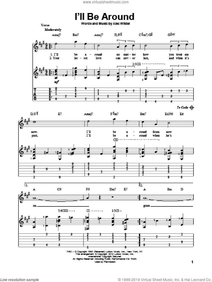 I'll Be Around sheet music for guitar solo by The Mills Brothers and Alec Wilder, intermediate skill level