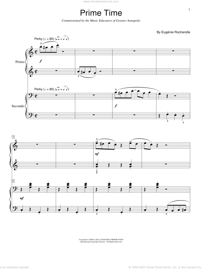 Prime Time sheet music for piano four hands by Wendy Stevens, Phillip Keveren, Sondra Clark and Eugenie Rocherolle, intermediate skill level