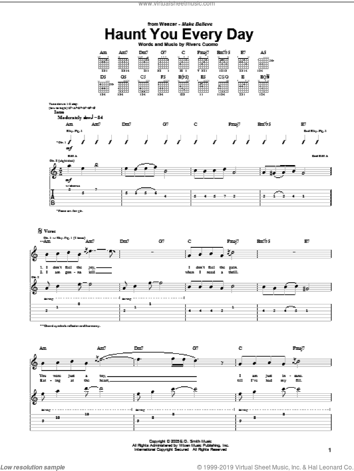 Haunt You Every Day sheet music for guitar (tablature) by Weezer and Rivers Cuomo, intermediate skill level