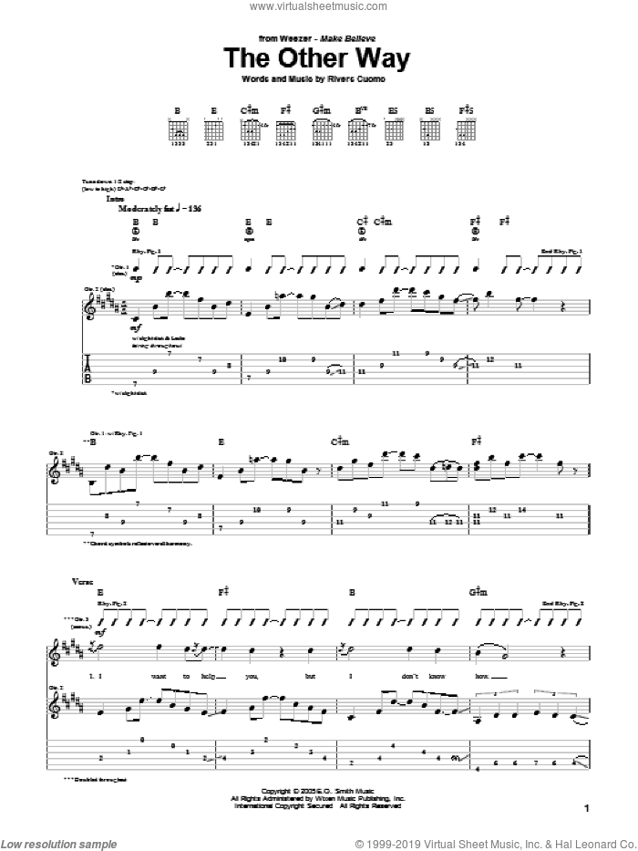The Other Way sheet music for guitar (tablature) by Weezer and Rivers Cuomo, intermediate skill level