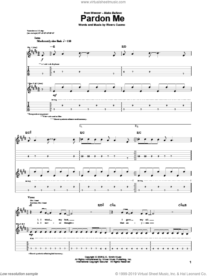 Pardon Me sheet music for guitar (tablature) by Weezer and Rivers Cuomo, intermediate skill level