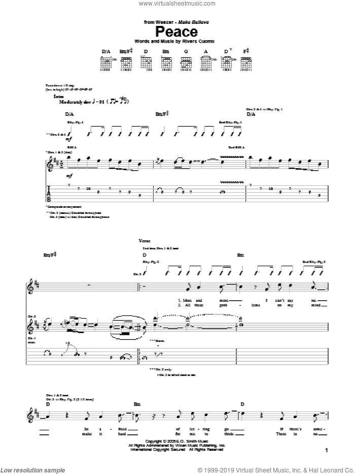 Peace sheet music for guitar (tablature) by Weezer and Rivers Cuomo, intermediate skill level