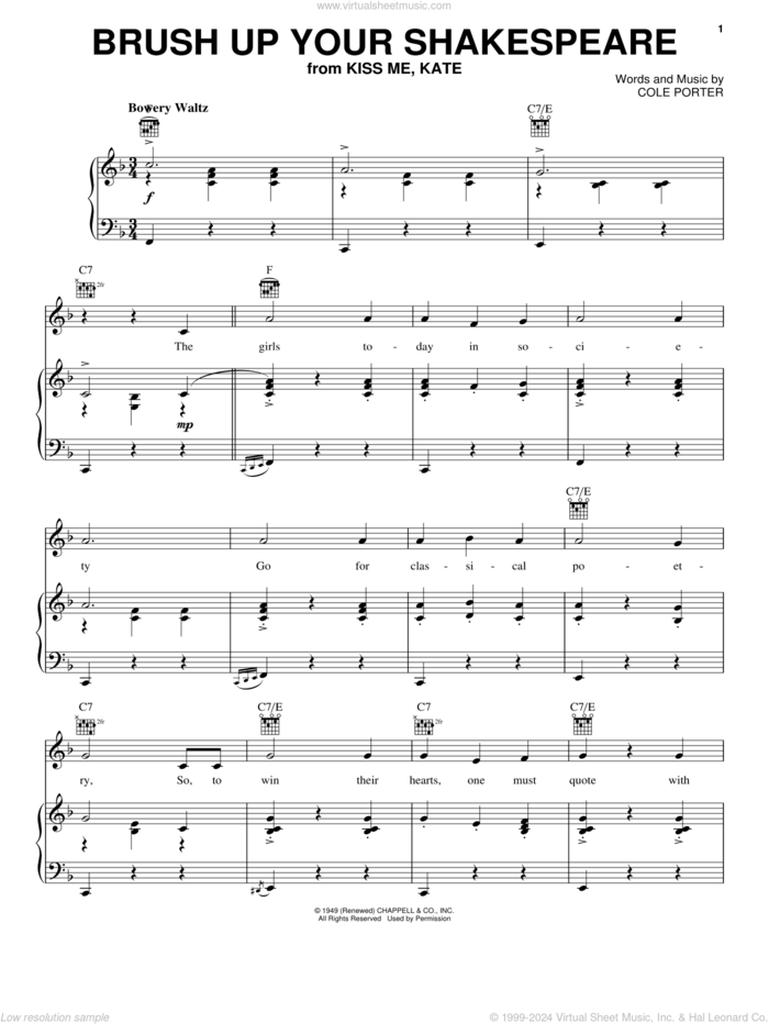 Brush Up Your Shakespeare (from Kiss Me, Kate) sheet music for voice, piano or guitar by Cole Porter and Kiss Me, Kate (Musical), intermediate skill level