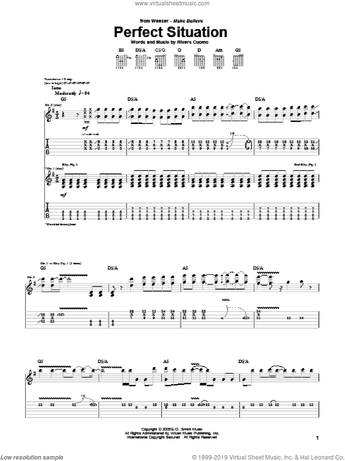 Perfect Situation sheet music for guitar (tablature) by Weezer and Rivers Cuomo, intermediate skill level