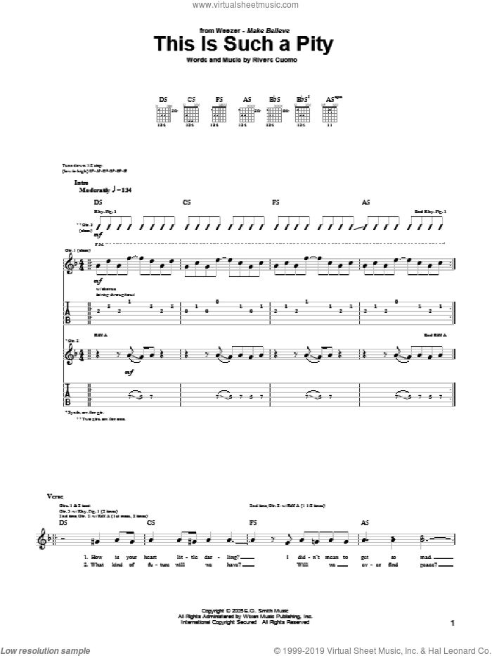 This Is Such A Pity sheet music for guitar (tablature) by Weezer and Rivers Cuomo, intermediate skill level