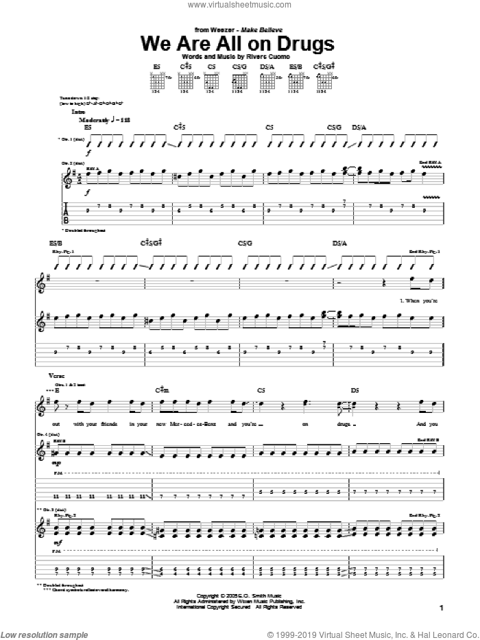 We Are All On Drugs sheet music for guitar (tablature) by Weezer and Rivers Cuomo, intermediate skill level