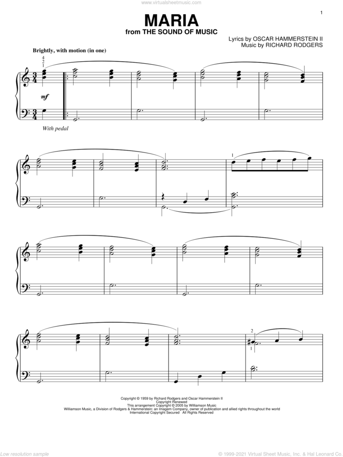 Maria (from The Sound of Music), (intermediate) sheet music for piano solo by Rodgers & Hammerstein, The Sound Of Music (Musical), Oscar II Hammerstein and Richard Rodgers, intermediate skill level