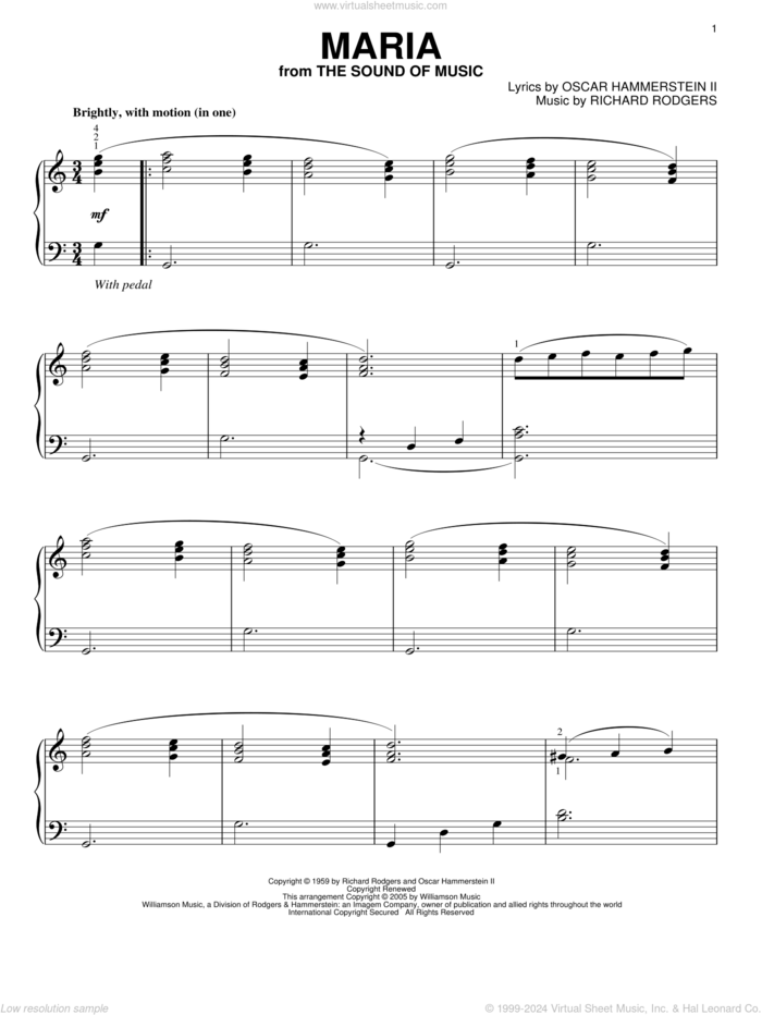 Maria (from The Sound of Music), (intermediate) sheet music for piano solo by Rodgers & Hammerstein, The Sound Of Music (Musical), Oscar II Hammerstein and Richard Rodgers, intermediate skill level